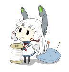  1girl chibi donnguri-president dress fairy_(kantai_collection) kantai_collection murakumo_(kantai_collection) needle pincushion ribbon sailor_dress thread white_hair 