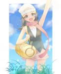  1girl :d absurdres arm_up armpits bag beanie clouds collarbone commentary_request day duffel_bag eyelashes grass hair_ornament happy hat highres hikari_(pokemon) holding_strap long_hair looking_at_viewer open_mouth outdoors pink_scarf poke_ball_print pokemon pokemon_(game) pokemon_dppt scarf sky smile solo uji_(966qrr) white_headwear 