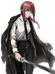  1girl black_jacket black_neckwear black_pants braid braided_ponytail breasts brown_hair business_suit chainsaw_man collared_shirt expressionless eyebrows_visible_through_hair formal holding holding_sword holding_weapon jacket jacket_on_shoulders jacket_removed long_hair long_sleeves looking_at_viewer makima_(chainsaw_man) medium_breasts mingyue_0 necktie pants ringed_eyes serious shirt shirt_tucked_in solo suit sword weapon white_background white_shirt yellow_eyes 