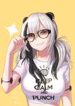  1girl adjusting_eyewear alternate_costume alternate_hairstyle animal_ears arknights black_hair brown_eyes clothes_writing crop_top dated english_text feater_(arknights) grey_hair grin kong_(ksw2801) long_hair multicolored_hair signature smile streaked_hair sunglasses yellow_background 