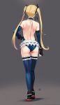  1girl ass back backless_outfit bangs bare_shoulders black_ribbon blonde_hair blue_legwear blue_leotard breasts dead_or_alive dead_or_alive_5 elbow_gloves from_behind full_body gloves grey_background hair_ribbon highres legs leotard long_hair marie_rose ribbon simple_background small_breasts thighs twintails yang-do 