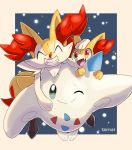  ^_^ absurdres artist_name border braixen closed_eyes closed_mouth commentary_request fang fennekin gen_4_pokemon gen_6_pokemon hand_on_another&#039;s_head happy highres no_humans open_mouth outside_border pokemon pokemon_(creature) red_eyes skin_fang smile tarnar teeth togekiss tongue 