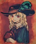  1girl alternate_costume artist_request bangs blonde_hair bow dolls_in_pseudo_paradise hat_feather jacket_girl_(dipp) long_hair looking_at_viewer puffy_short_sleeves puffy_sleeves red_eyes short_sleeves simple_background smile solo touhou wavy_hair 