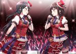  2girls black_hair dress_shirt fingerless_gloves gloves hazuki_(sutasuta) idol kusunoki_tomori long_hair love_live! love_live!_school_idol_festival_all_stars microphone_stand multiple_girls music open_mouth puffy_short_sleeves puffy_sleeves red_gloves red_shirt seiyuu_connection shirt short_hair short_sleeves singing smile yuuki_setsuna_(love_live!) 