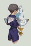  1boy animal bird brown_hair child cowboy_shot duck expressionless from_behind highres holding holding_animal holding_bird male_focus neckerchief nishihara_isao original short_hair solo uniform 