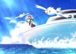  1girl bangs boat bow_hairband brown_hair clouds commentary_request day floating_hair gen_3_pokemon hairband hand_up haruka_(pokemon) kokoroko light_rays open_mouth outdoors outstretched_hand pokemon pokemon_(creature) pokemon_(game) pokemon_oras red_hairband red_tank_top sky splashing sunbeam sunlight tank_top water watercraft wingull 