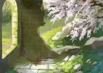  absurdres arch brick_wall cherry_blossoms commentary_request day grass highres moss no_humans original outdoors overgrown rock ruins scenery sunlight tree turquoise_iro window 