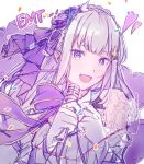  1girl :d bangs emilia_(re:zero) gloves hair_ornament highres holding holding_microphone idol long_hair looking_at_viewer microphone open_mouth puck_(re:zero) purple_neckwear re:zero_kara_hajimeru_isekai_seikatsu silver_hair sketch smile solo upper_body violet_eyes white_background white_gloves wosinnk 