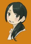  1girl absurdres bangs black_eyes black_hair commentary_request grin highres looking_at_viewer orange_background original ponytail portrait shirt simple_background smile solo swept_bangs teeth turquoise_iro white_shirt 