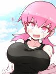  1girl akane_(pokemon) black_tank_top blue_sky blush breasts clouds day highres kurachi_mizuki large_breasts open_mouth pink_hair pokemon short_twintails sky smile solo sweat tank_top twintails undressing upper_body 