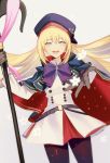  1girl artoria_pendragon_(all) artoria_pendragon_(caster) bangs belt beret black_legwear blonde_hair blue_belt blue_cape blue_capelet blush breasts cape capelet commentary_request cowboy_shot eyebrows_visible_through_hair fate/grand_order fate_(series) floating_hair floral_print flower gem gloves green_eyes hat highres holding long_hair long_sleeves looking_at_viewer meow_(cindy738) multicolored multicolored_cape multicolored_clothes o-ring_belt open_mouth outstretched_hand pantyhose reaching_out red_cape ribbon simple_background smile solo staff striped_belt upper_teeth white_background white_flower 