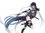  1girl black_hair black_ribbon eyepatch fate/grand_order fate_(series) fishnets full_body hair_over_one_eye highres koshika_rina kunai long_hair mochizuki_chiyome_(fate/grand_order) reverse_grip ribbon shiny shiny_hair simple_background snake_tattoo solo very_long_hair violet_eyes weapon white_background 