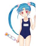  1girl aikousha_(ico-sha) ass_visible_through_thighs blue_swimsuit covered_navel facial_mark forehead_mark long_hair magical_girl masaki_sasami_jurai one-piece_swimsuit red_eyes sasami_mahou_shoujo_club school_swimsuit simple_background smile solo swimsuit tenchi_muyou! twintails very_long_hair wand white_background 