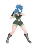 1girl bangs black_gloves blue_eyes blue_hair boots earrings fighting_stance full_body gloves green_jacket green_shorts highres jacket jewelry leona_heidern lips mackenziko military military_uniform ponytail shorts snk solo the_king_of_fighters thick_lips thighs uniform white_background 