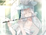  1girl blue_dress blue_headwear chio_(akiciou) closed_eyes closed_mouth cloud_tea_(food_fantasy) dress flute food_fantasy grey_hair hands_up hat holding holding_instrument instrument long_hair long_sleeves music playing_instrument see-through solo very_long_hair 