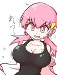  1girl akane_(pokemon) black_tank_top bouncing_breasts breasts bright_pupils commentary_request eyebrows_visible_through_hair hair_ornament highres kurachi_mizuki pink_eyes pink_hair pokemon sweat tank_top translated twintails white_background white_pupils 