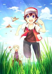  2boys age_difference bangs baseball_cap belt black_pants blush brown_hair brown_pants clouds day gen_1_pokemon grass grey_hair hat holding holding_poke_ball jacket kokoroko labcoat multiple_boys ookido_yukinari open_mouth outdoors pants pidgey poke_ball poke_ball_(basic) pokemon pokemon_(creature) pokemon_(game) pokemon_rgby red_(pokemon) running short_sleeves sky teeth tongue violet_eyes 