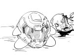  bb_(baalbuddy) blood blush demon doom_(game) doom_eternal greyscale helmet kirby kirby_(series) monochrome open_mouth smile 