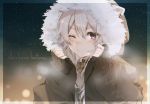  1girl absurdres animal_ears blush character_name closed_mouth earrings eyebrows_visible_through_hair fur-trimmed_jacket fur_trim grey_eyes grey_hair hair_between_eyes harui_(hr_x9_) highres hololive hood hood_up hooded_jacket huge_filesize jacket jewelry lion_ears lion_girl long_hair looking_at_viewer necklace one_eye_closed shirt shishiro_botan snow solo virtual_youtuber 