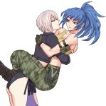  2girls absurdres angel_(kof) blue_eyes blue_hair boots breasts byeonbulkan camouflage chaps eyes fingerless_gloves gloves highres hug jacket large_breasts legs_grab leona_heidern midriff military multiple_girls ponytail short_hair soldier tank_top the_king_of_fighters the_king_of_fighters_xiv white_background white_hair yellow_tank_top yuri 