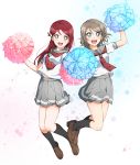  2girls :d absurdres black_legwear blue_eyes brown_footwear collared_shirt floating_hair full_body grey_hair grey_skirt hair_ornament hairclip highres jumping kneehighs loafers long_hair looking_at_viewer love_live! love_live!_sunshine!! miniskirt multiple_girls neckerchief open_mouth pleated_skirt pom_poms red_neckwear redhead sailor_collar sailor_shirt sakurauchi_riko school_uniform serafuku shiny shiny_hair shirt shoes short_hair short_sleeves skirt smile uranohoshi_school_uniform very_long_hair watanabe_you white_background white_shirt yellow_eyes yuchi_(salmon-1000) 