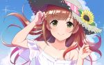  1girl adjusting_hair arms_up bangs brown_eyes brown_hair clouds collarbone eyebrows_visible_through_hair flower hat highres idolmaster idolmaster_cinderella_girls igarashi_kyouko long_hair looking_at_viewer natsuya off-shoulder_shirt off_shoulder see-through shirt sidelocks sky smile solo sparkle sun_hat sunflower tank_top white_shirt white_tank_top 