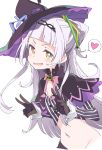  1girl black_gloves black_headwear blush double_v gloves hat heart hololive ixy long_hair looking_at_viewer midriff murasaki_shion navel open_mouth simple_background smile solo spoken_heart v virtual_youtuber white_background white_hair witch_hat yellow_eyes 