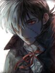 1boy absurdres bangs black_coat black_hair black_jack_(character) black_jack_(series) closed_mouth coat collared_shirt commentary expressionless grey_hair hair_over_one_eye highres male_focus multicolored_hair neck_ribbon one_eye_covered orokudesu popped_collar red_eyes red_ribbon ribbon scar scar_on_face shirt short_hair solo two-tone_hair upper_body white_background 