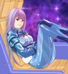  1girl bangs blunt_bangs breasts closed_mouth cockpit gundam gundam_zz highres knees_up long_hair looking_at_viewer medium_breasts pilot_suit purple_hair roux_louka sidelocks sitting smile solo space tamakoshi_horiyuki violet_eyes 