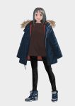  1girl :d bangs black_pants blue_coat brown_shirt coat commentary_request fur-trimmed_coat fur_trim green_eyes grey_hair highres medium_hair open_clothes open_coat open_mouth original pants pose shirt shoes simple_background smile sneakers standing teeth turquoise_iro white_background 
