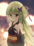  1girl :o bangs bare_shoulders blush butterfly_hair_ornament eyebrows_visible_through_hair firin green_hair hair_ornament hair_ribbon highres japanese_clothes long_hair looking_at_viewer murasame_(senren) open_mouth red_eyes ribbon senren_banka simple_background solo very_long_hair yuzu-soft 