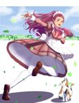  1girl :d absurdres alternate_costume apron back_bow bow brown_eyes brown_skirt cat earrings enmaided facial_mark fire_emblem fire_emblem:_three_houses floating_hair full_body highres jewelry leg_up loafers long_hair long_sleeves looking_at_viewer maid open_mouth outstretched_arm pantyhose petra_macneary pink_hair pink_shirt pleated_skirt running shiny shiny_hair shirt shoes short_over_long_sleeves short_sleeves skirt smile solo sukkirito_(rangusan) very_long_hair white_apron white_bow white_legwear 