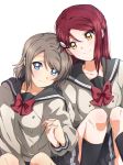  2girls absurdres bangs black_legwear black_skirt blue_eyes bow bowtie brown_hair closed_mouth collarbone couple eyebrows_visible_through_hair grey_sailor_collar hair_between_eyes hair_ornament hairclip head_tilt highres holding_hands interlocked_fingers kneehighs long_hair love_live! love_live!_sunshine!! miniskirt multiple_girls pleated_skirt red_bow red_neckwear redhead sailor_collar sakurauchi_riko school_uniform shiny shiny_hair short_hair simple_background sitting skirt smile uranohoshi_school_uniform watanabe_you white_background yellow_eyes yuchi_(salmon-1000) yuri 