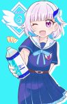  1girl ;d blue_background blue_bow blue_hair blue_serafuku blue_shirt blue_skirt blush bottle bow character_name commentary_request hair_intakes hair_ornament holding holding_bottle lize_helesta looking_at_viewer multicolored_hair nijisanji one_eye_closed open_mouth outstretched_arm pink_hair pleated_skirt sailor_collar school_uniform serafuku shirt short_sleeves skirt smile solo two-tone_hair violet_eyes virtual_youtuber white_sailor_collar yamase younger 