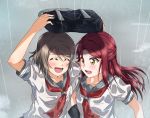  2girls :d arms_up bag bangs blush braid closed_eyes collarbone collared_shirt floating_hair french_braid grey_hair grey_sailor_collar hair_between_eyes highres holding holding_bag long_hair love_live! love_live!_sunshine!! multiple_girls neckerchief open_mouth outdoors rain red_neckwear redhead sailor_collar sailor_shirt sakurauchi_riko school_bag school_uniform serafuku shiny shiny_hair shirt short_hair short_sleeves smile sweatdrop upper_body uranohoshi_school_uniform watanabe_you wet wet_clothes wet_shirt white_shirt yellow_eyes yuchi_(salmon-1000) 