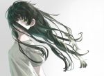  1girl arms_at_sides black_hair closed_mouth commentary_request flowing_hair gradient gradient_background green_eyes grey_background grey_shirt hair_over_one_eye long_hair original shirt short_hair solo turquoise_iro upper_body 