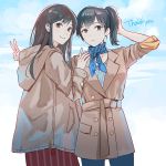  2girls akagi_(kantai_collection) black_eyes black_hair blue_pants brown_coat brown_eyes brown_hair closed_mouth coat double-breasted english_text hand_up heart kaga_(kantai_collection) kantai_collection kasumi_(skchkko) long_hair long_sleeves looking_at_viewer multiple_girls neckerchief one_side_up pants red_neckwear red_skirt short_hair skirt smile thank_you v 