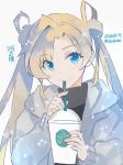  1girl black_sweater blonde_hair blue_eyes blush character_request closed_mouth double_bun drinking_straw grey_jacket hands_up holding hood hooded_jacket jacket kantai_collection kasumi_(skchkko) long_hair long_sleeves looking_at_viewer sipping solo starbucks sweater twintails 