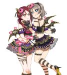  2girls absurdres bangs black_gloves black_hairband black_skirt black_wings blue_eyes closed_mouth crop_top fake_horns gloves grey_hair grin hair_between_eyes hair_ornament hair_over_shoulder hairband high_heels highres horns layered_skirt long_hair love_live! love_live!_sunshine!! midriff mini_wings miniskirt multiple_girls redhead sakurauchi_riko shiny shiny_hair short_hair shoulder_blades simple_background skirt smile standing standing_on_one_leg stomach tongue tongue_out twintails watanabe_you white_background wings yellow_eyes yuchi_(salmon-1000) 