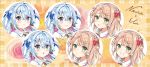  2girls angry blue_eyes blue_hair blush brown_hair expressions fang green_eyes happy highres indie_virtual_youtuber kagura_nana long_hair looking_at_viewer multiple_girls nanakagu_karatou_ch nanakagura pout ribbon shigure_ui_(vtuber) short_hair tears v virtual_youtuber 