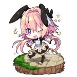  1boy animal_ears astolfo_(saber)_(fate) blush_stickers chibi commentary_request eyebrows_visible_through_hair fang fate/grand_order fate_(series) full_body grass highlights long_hair long_sleeves looking_at_viewer multicolored_hair one_eye_closed open_mouth otoko_no_ko pantyhose pink_hair rabbit_ears skin_fang solo star_(symbol) tajima_yoshikazu tongue two-tone_hair violet_eyes white_hair 