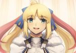  1girl :d ahoge artoria_pendragon_(all) blonde_hair boa_(brianoa) cape character_request crown fate/grand_order fate_(series) fur-trimmed_cape fur_trim gorget green_eyes highres long_hair looking_at_viewer open_mouth round_teeth smile solo teeth twintails upper_body upper_teeth white_cape 