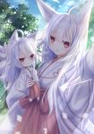  2girls ahoge animal_ear_fluff animal_ears aruka_(alka_p1) bangs blush bow closed_mouth commentary_request day eyebrows_visible_through_hair fox_ears fox_girl fox_tail hair_between_eyes hakama highres japanese_clothes kimono kyuubi long_hair long_sleeves looking_at_viewer miko minigirl multiple_girls multiple_tails novel_illustration official_art original outdoors parted_lips red_bow red_eyes red_hakama silver_hair sleeves_past_wrists smile tail tree very_long_hair white_kimono wide_sleeves 