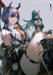 2girls arknights bangs black_jacket blue_hair breasts ch&#039;en_(arknights) copyright_name grey_hair highres horns hoshiguma_(arknights) jacket large_breasts looking_back looking_down multiple_girls necktie shiranori single_horn thick_thighs thighs yellow_eyes yellow_neckwear