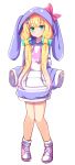  1girl alternate_costume alternate_hairstyle animal_ears animal_hood bangs baram blonde_hair blue_bow blunt_bangs blush bow bunny_hood candy_hair_ornament candy_wrapper clothes_writing drawstring eyebrows_visible_through_hair fake_animal_ears flower food_themed_hair_ornament full_body green_eyes hair_bow hair_flower hair_ornament highres hood hood_up hoodie knees_together_feet_apart long_hair long_sleeves looking_at_viewer low_twintails mononobe_alice nijisanji parted_lips pink_flower pink_footwear purple_hoodie rabbit_ears red_bow romaji_text shoes simple_background sleeves_past_wrists smile socks solo standing star_(symbol) star_hair_ornament striped striped_bow twintails very_long_hair virtual_youtuber white_background white_legwear wide_sleeves 