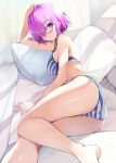  1girl absurdres ass bare_legs bare_shoulders barefoot bikini blue_bikini blush breasts closed_mouth commentary_request couch eyebrows_visible_through_hair fate/grand_order fate_(series) feet_out_of_frame glasses hair_over_one_eye hand_on_own_head highres indoors jas_(annkoromochi) legs looking_at_viewer lying mash_kyrielight medium_breasts on_couch on_side pillow pink-framed_eyewear purple_hair short_hair sideboob solo striped striped_bikini swimsuit trefoil violet_eyes 