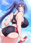  1girl ass back bangs baton blue_sky blush breasts clouds covered_nipples large_breasts long_hair looking_at_viewer nishida_glasses original parted_lips purple_hair sky solo sweat track_uniform yellow_eyes 