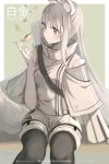  1girl animal_ear_fluff animal_ears arknights black_footwear boots character_name commentary feet_out_of_frame grey_eyes hand_up highres jacket ksartworks leaf long_hair platinum_(arknights) short_shorts shorts silver_hair sitting solo thigh-highs thigh_boots very_long_hair white_jacket white_shorts 
