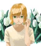  1girl absurdres arm_up bangs blush commentary_request expressionless flower green_eyes hand_up highres leaf looking_at_viewer original shirt short_hair short_sleeves simple_background solo tulip_hat turquoise_iro upper_body white_background white_flower white_shirt white_tulip 