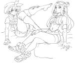  2girls bb_(baalbuddy) bow crossed_legs earrings feet gloves greyscale hand_on_leg highres jewelry leg_up long_hair looking_at_viewer midriff monochrome multiple_girls necklace pokemon pokemon_(game) pokemon_sm rurina_(pokemon) saitou_(pokemon) short_hair shorts 